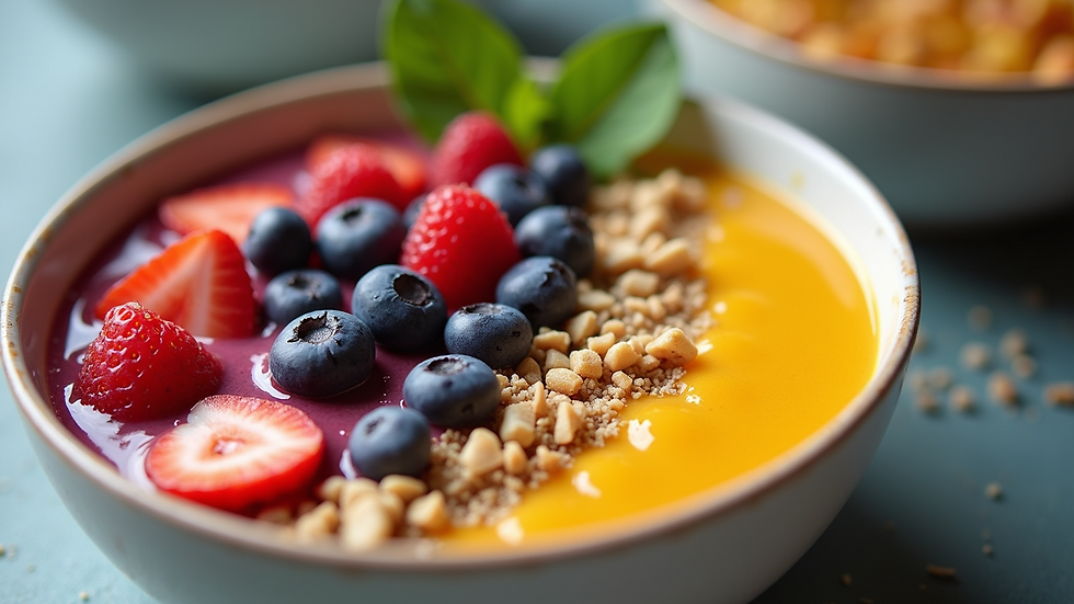 Close-up view of a fresh, colorful smoothie bowl