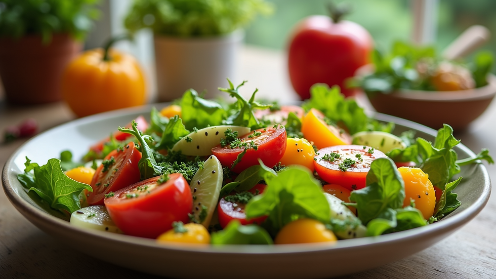 Renkli bir salata kasesinde domates, biber, yeşillikler var. Arka planda bulanık bir mutfak ortamı ve bitki saksıları gözükmekte.