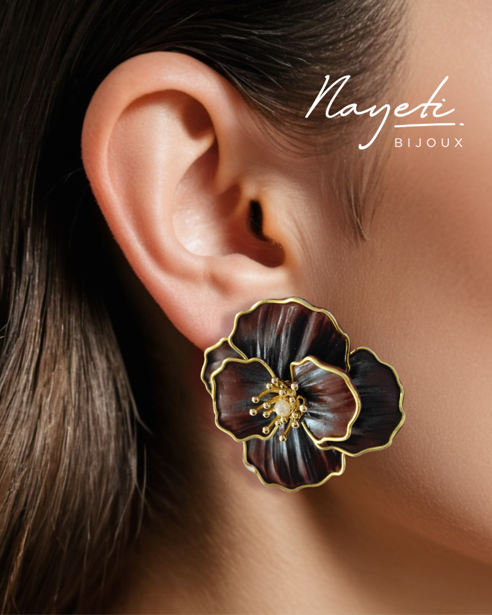 Miniature : Boucles d'oreilles fleur XXL couleur marron et noir irisé
