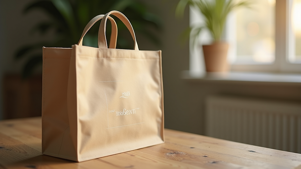Eye-level view of a branded eco-friendly tote bag on a wooden surface