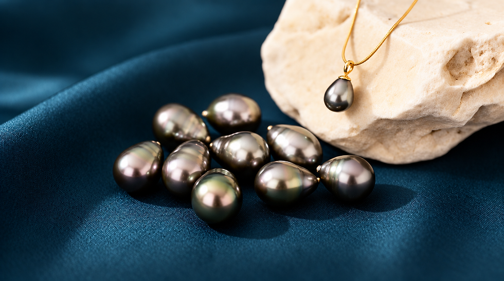 Illustration : Perles de Tahiti et pendentif sur un tissu bleu paon