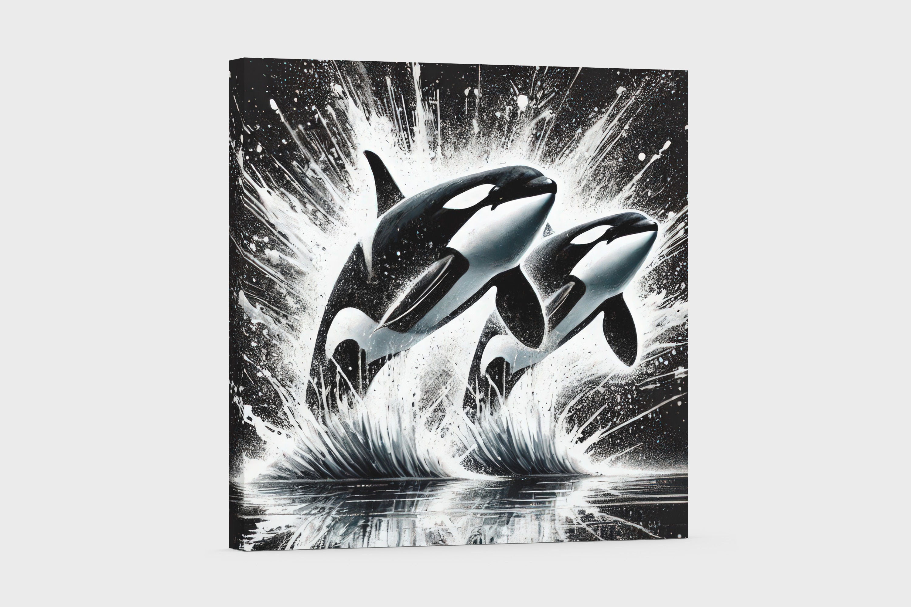 Orcas Art | Wall Art - Killer Whales Art of Two Orcas Breaching the Surf