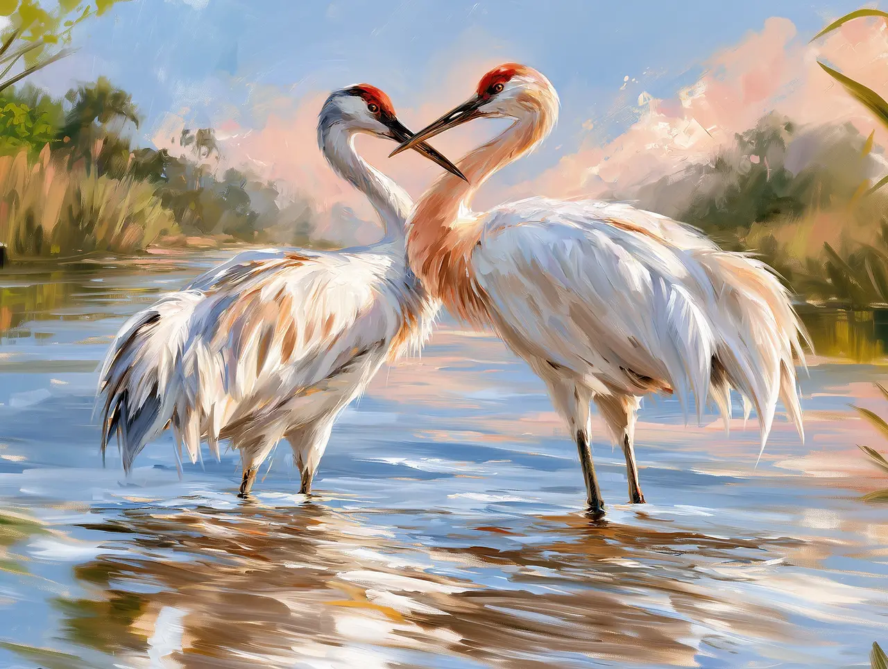 Romantic crane wall art showing two red-crowned cranes standing together in reflective water before misty mountains beneath a softly glowing sky.