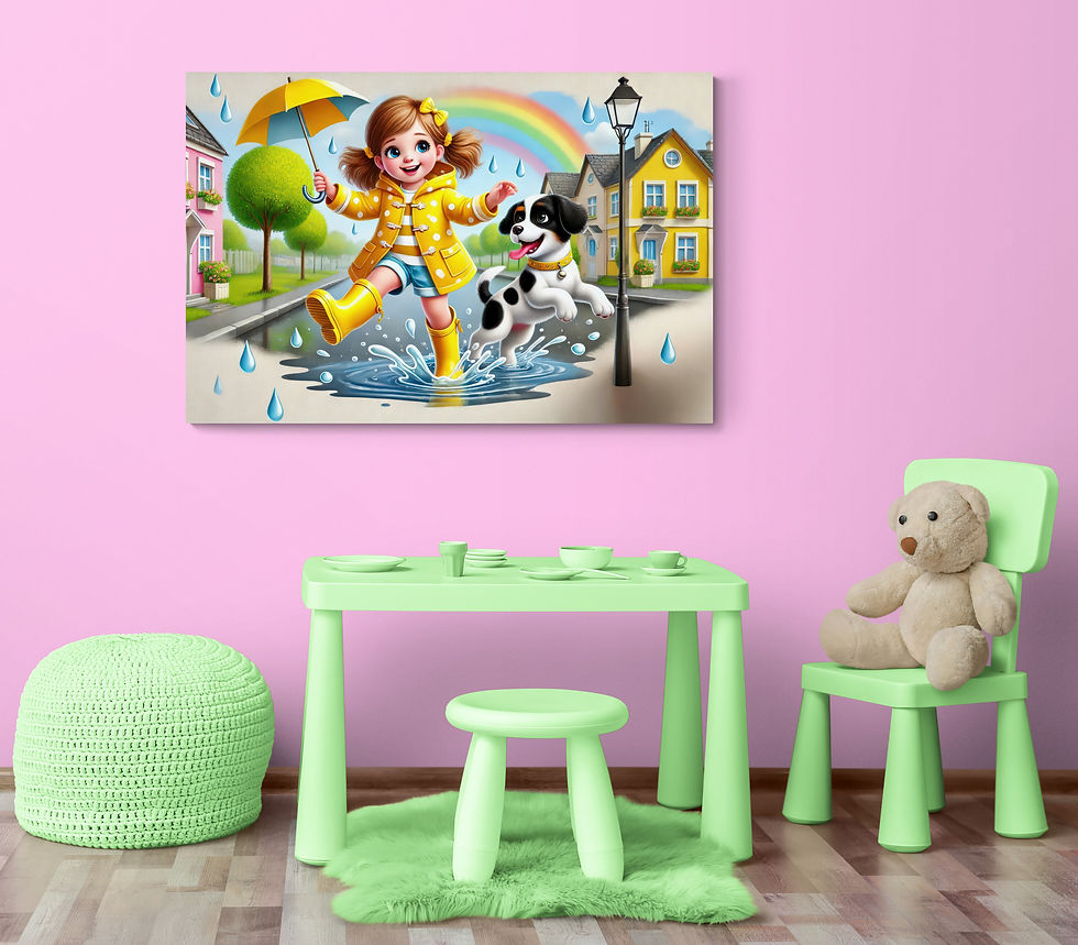 Thumbnail: Kids Art | Wall Art - Little Girl Playing in the Rain With Her Dog