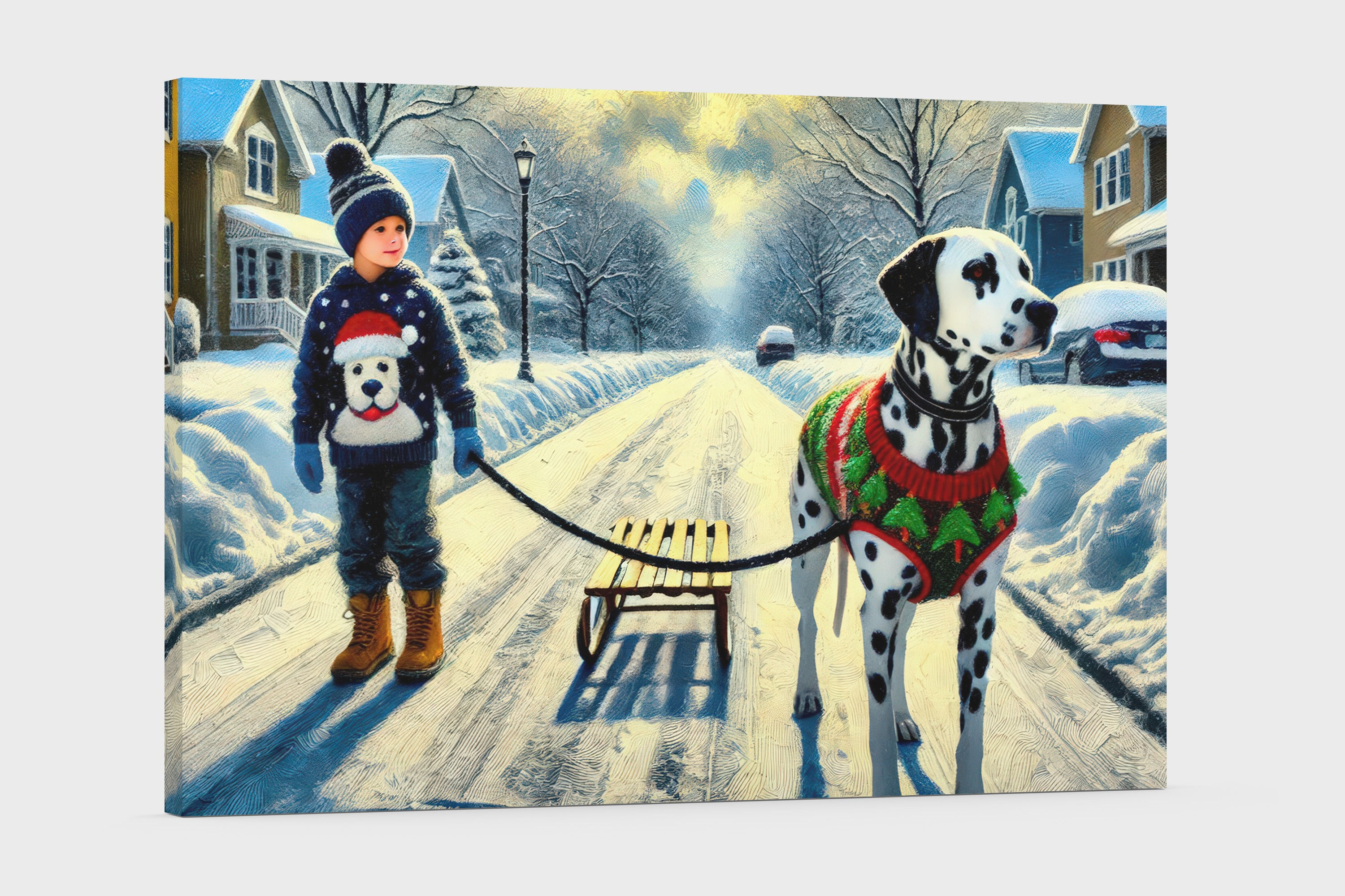 Kids Art | Wall Art - Dalmatian Dog Art of a Young Boy on a Snowy Day