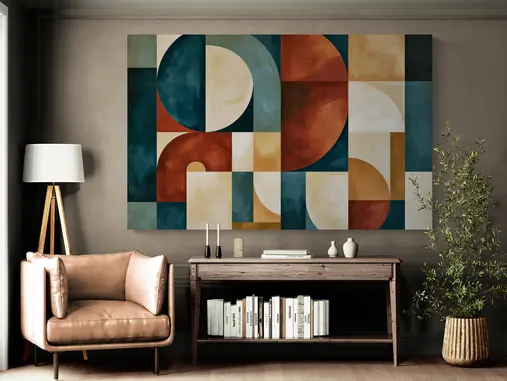 Large geometric abstract canvas in teal, terracotta, cream and ochre centered above a dark wood console on a charcoal wall, demonstrating balanced oversized wall art sizing in a spacious den.