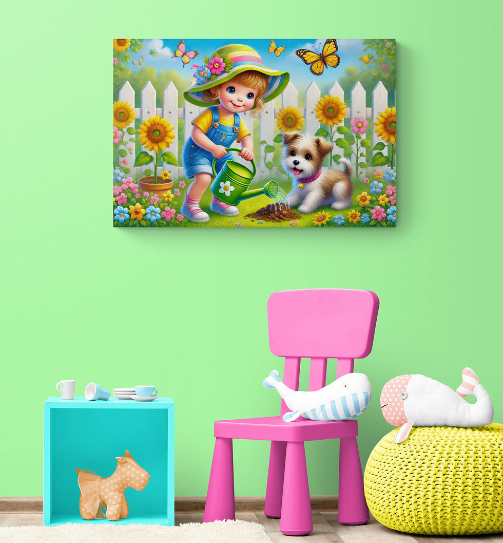 Thumbnail: Kids Art | Wall Art - A Little Girl and Her Puppy In a Flower Garden