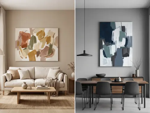 Side-by-side neutral-room comparison showing an earth-toned abstract canvas coordinating with a warm beige living-room wall and a navy, slate-gray, white and charcoal abstract canvas adding contrast to a cool gray dining-room wall.