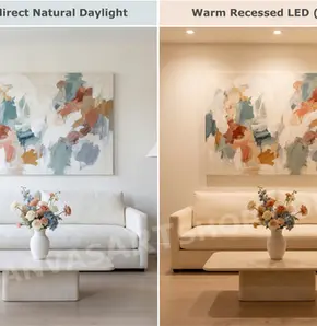 Side-by-side educational comparison of the same contemporary living room and abstract gallery-wrapped canvas under cool indirect natural daylight and warm recessed 2700K LED lighting, showing how whites, blues, grays, terracotta and ochre canvas wall art colors shift with different room light sources