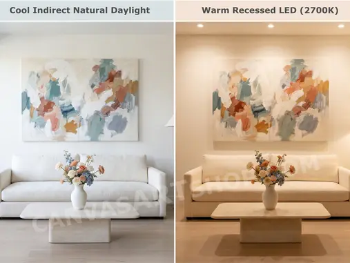Side-by-side educational comparison of the same contemporary living room and abstract gallery-wrapped canvas under cool indirect natural daylight and warm recessed 2700K LED lighting, showing how whites, blues, grays, terracotta and ochre canvas wall art colors shift with different room light sources