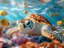 sea turtle swimming underwater in vibrant ocean reef with colorful coral and tropical fish, coastal canvas wall art best seller representing marine life, tranquility, and beach home decor