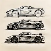 Automotive canvas wall art featuring three vertically stacked side-profile sports car sketches, progressing from loose construction lines to detailed shaded drawings in black and gray on a warm off-white paper background.