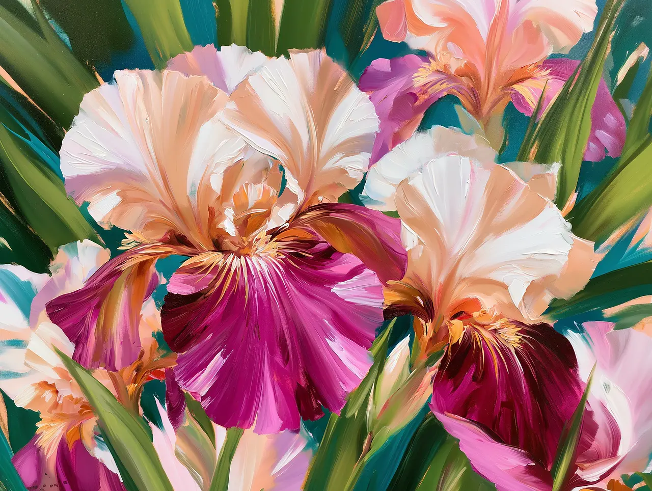 Expressive modern botanical wall art featuring oversized coral, blush and magenta iris flowers surrounded by layered deep-green and teal foliage