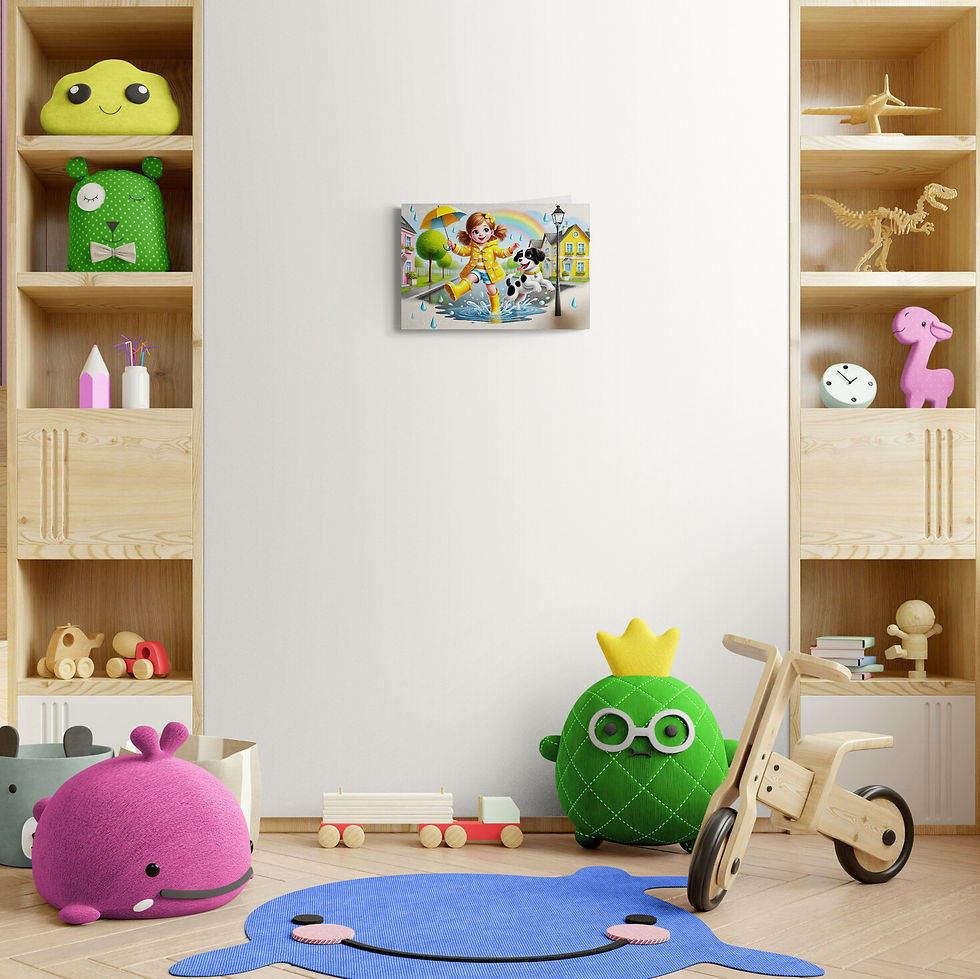 Thumbnail: Kids Art | Wall Art - Little Girl Playing in the Rain With Her Dog