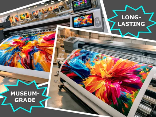 Professional large-format giclée printers producing saturated abstract and macro-floral canvas artwork in cyan, magenta, yellow, orange and blue, with callouts highlighting museum-grade archival pigment inks and long-lasting color performance.