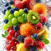 Vibrant kitchen canvas wall art featuring a red apple, oranges, grapes, sliced kiwi, strawberries, blueberries, raspberries and blackberries beneath a stream of splashing water, with crisp droplets and green leaves against a bright white background.