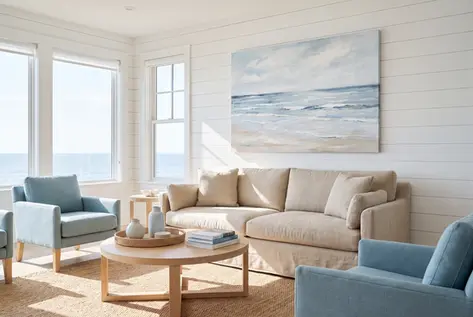 Sunlit coastal living room with oversized blue ocean canvas wall art above a beige sofa, pale blue armchairs, white shiplap walls and ocean-view windows.