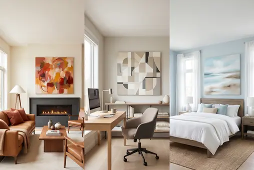 Three-room comparison of warm and cool color palettes in wall art, featuring warm orange abstract canvas above a black fireplace in a welcoming living room, neutral beige geometric canvas in a balanced home office, and pale-blue coastal canvas in a calming bedroom.