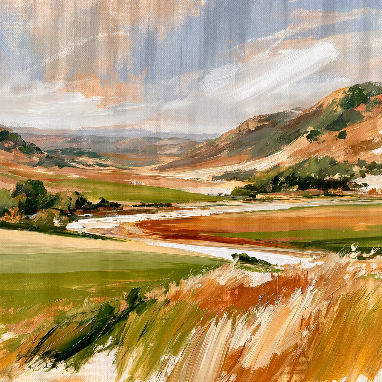 Atmospheric abstract landscape wall art featuring rolling hills and open fields in moss green, clay, ochre, cream and muted orange.