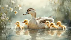 mother duck with ducklings swimming closely together on calm water with soft pastel tones and gentle reflections, peaceful animal canvas wall art symbolizing protection, unity, and tranquil nature decor