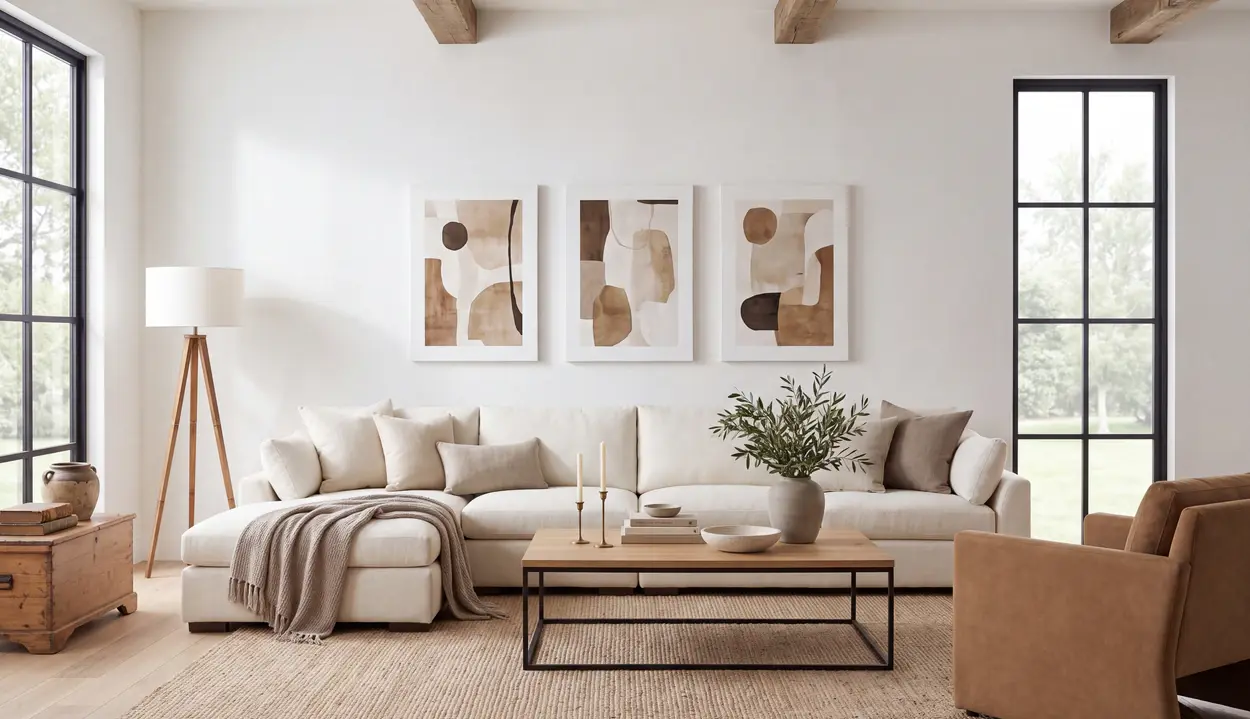 Warm neutral modern living room styled for fall with an ivory sectional, layered beige textiles, minimalist abstract wall art, natural wood accents and indoor greenery