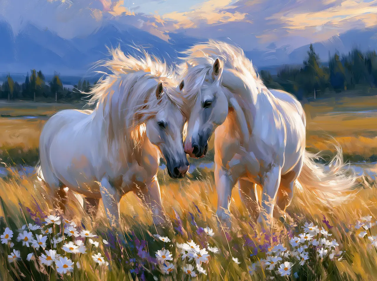 Romantic animal canvas artwork of two white horses touching foreheads in a golden wildflower meadow beneath a cobalt-blue twilight sky.