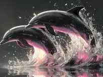 dolphin leaping through ocean waves with splashing water, wildlife canvas wall art, coastal decor for beach house, bathroom, or living room black and white motion blur