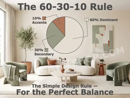 Warm contemporary living room illustrating the 60-30-10 design rule with cream walls and furniture as the dominant color, sage-green seating as the secondary color, terracotta accents and coordinated abstract canvas wall art completing the balanced interior palette.
