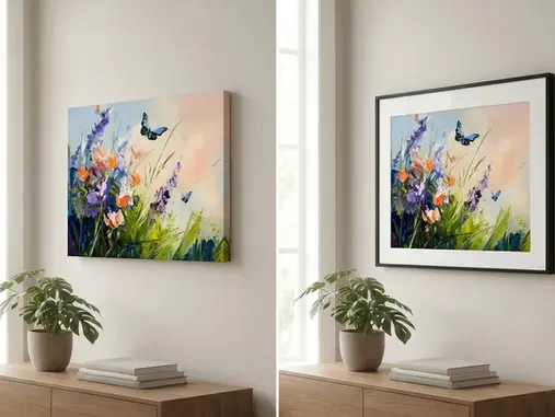 Side-by-side canvas vs framed art comparison showing the same colorful butterfly and wildflower artwork displayed above a warm wood console, with a clean frameless gallery-wrapped canvas on the left and a black matted frame on the right to illustrate differences in depth, borders and home décor style.