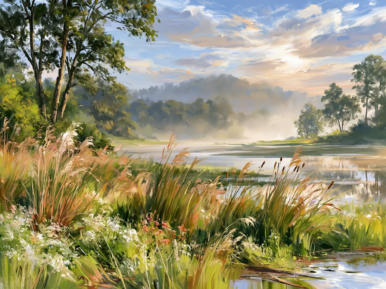 Atmospheric botanical landscape wall art featuring misty water, wild grasses, leafy trees and softly diffused morning light.