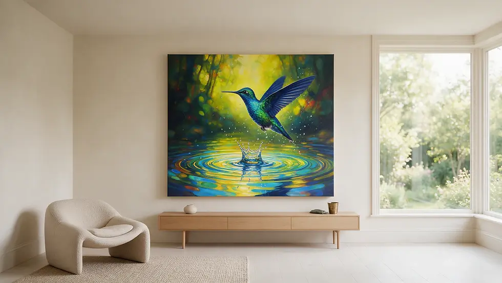 Bright organic contemporary living room displaying a large gallery-wrapped canvas of an iridescent blue-green hummingbird rising above a colorful reflective woodland pool, illustrating how AI prompt engineering blends detailed wildlife realism with luminous impressionistic color to create an entirely new wall art style.
