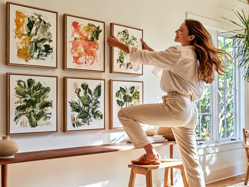 Woman positioning the upper-right artwork in a precise six-piece botanical grid gallery wall, with matching framed canvases arranged in two aligned rows above a long streamlined wood console in a bright contemporary interior.
