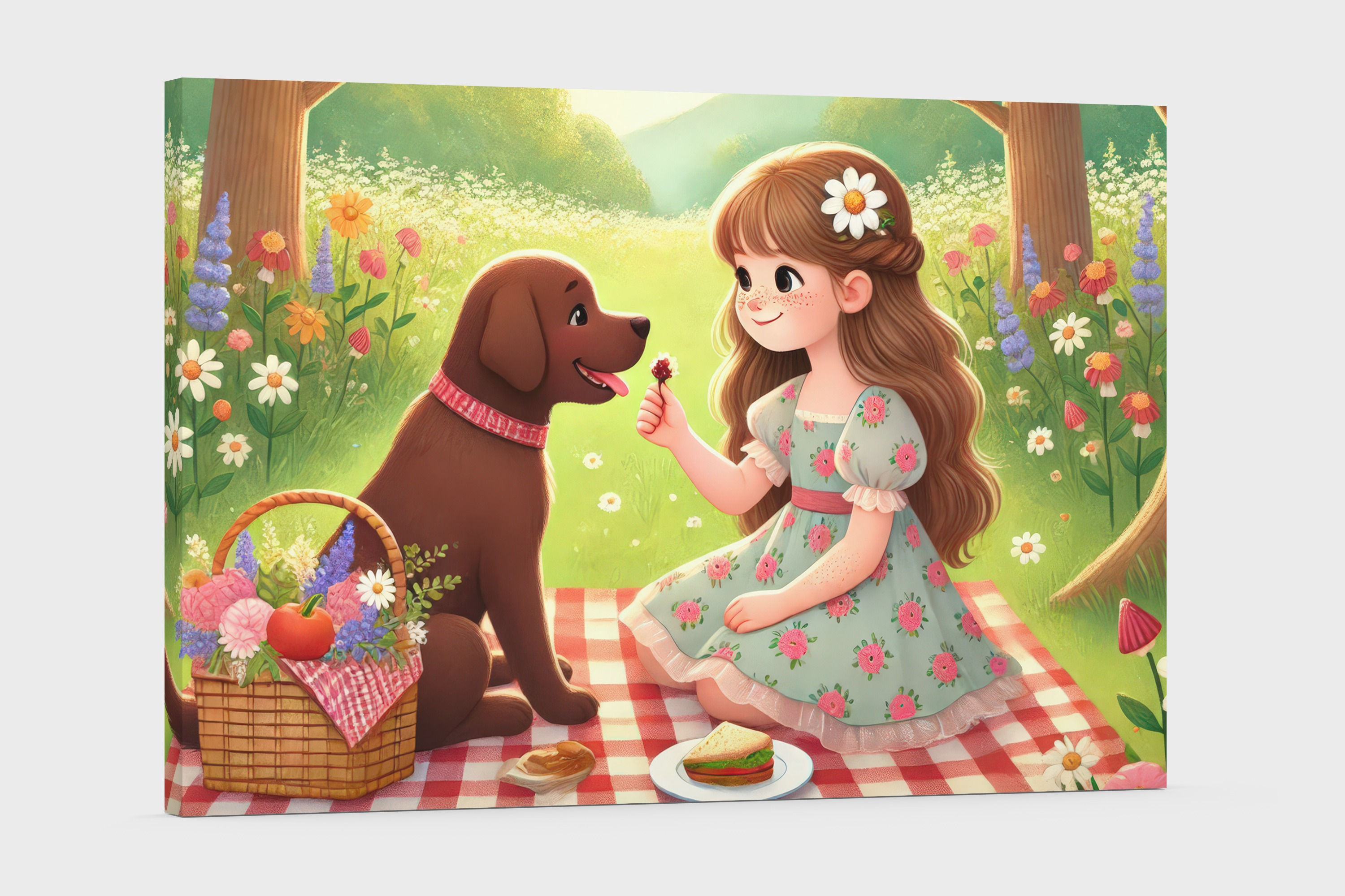Kids Art | Wall Art - Little Girl and Puppy Having a Picnic