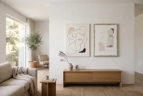 Neutral modern living room featuring two minimalist abstract line-art canvas prints above a low wood console, with a beige sofa, organic décor and soft natural light.
