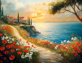tuscan coastal landscape canvas wall art featuring blooming red poppy flowers, ocean view and villa scenery in warm sunlight, spring nature artwork for living room decor