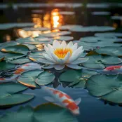 koi fish water lily floating on calm water with soft reflections and warm candlelight sunset bokeh lighting, zen canvas wall art, spa-inspired decor for bathroom, bedroom, or meditation space pink lotus flowers floating on calm water with soft reflections, zen canvas wall art, peaceful spa-inspired decor for bedroom or bathroom