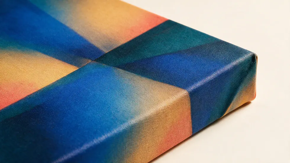 Close angled macro view of a gallery-wrapped poly-cotton canvas printed with cobalt blue, teal, amber and coral geometric forms, revealing the uniform woven texture, crisp color transitions, smooth tonal detail and tightly wrapped 1.25-inch corner.
