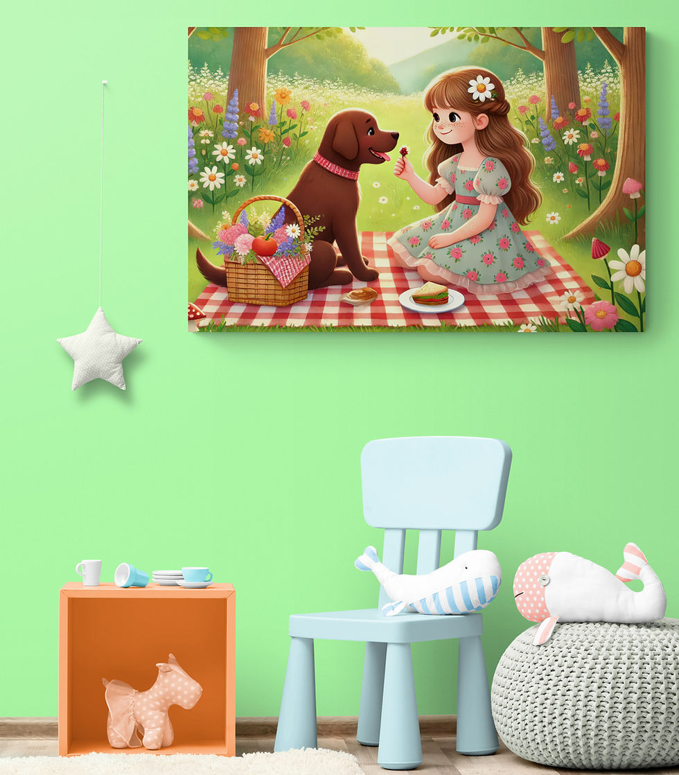 Thumbnail: Kids Art | Wall Art - Little Girl and Puppy Having a Picnic