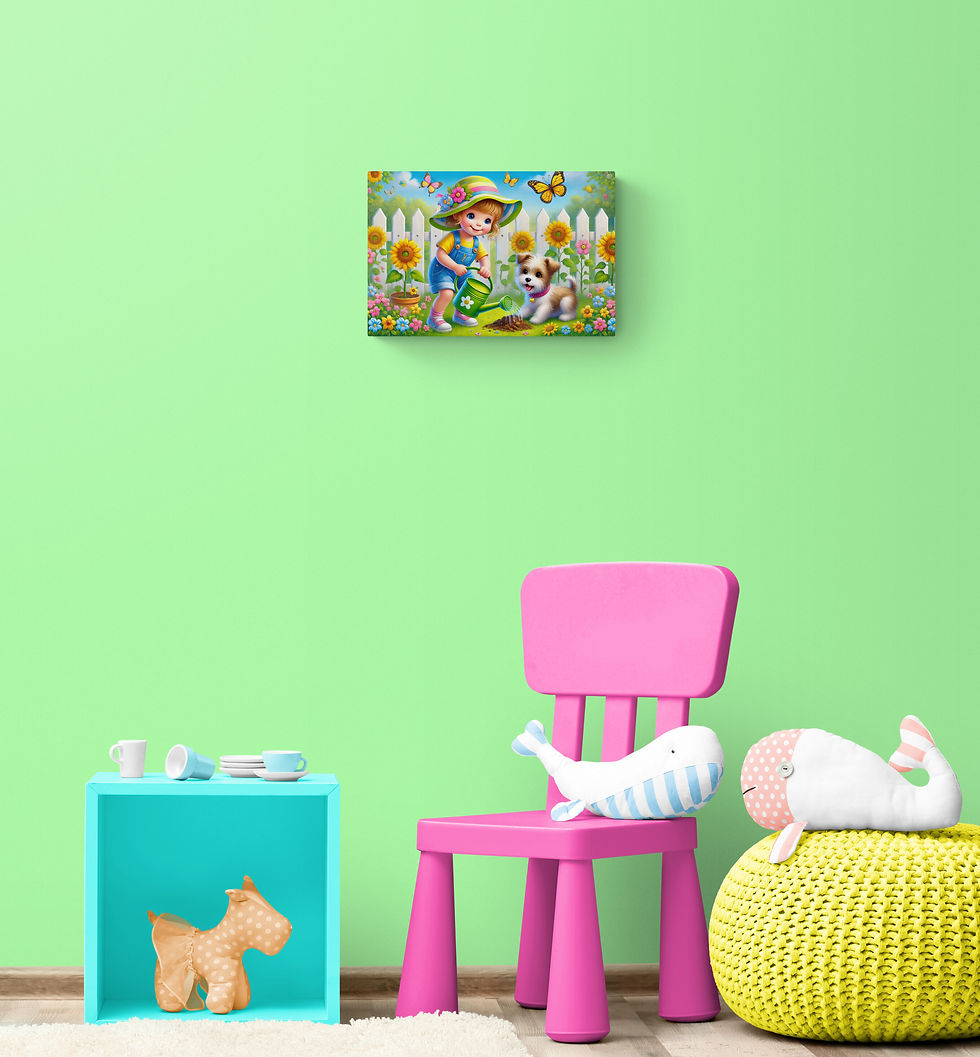 Thumbnail: Kids Art | Wall Art - A Little Girl and Her Puppy In a Flower Garden