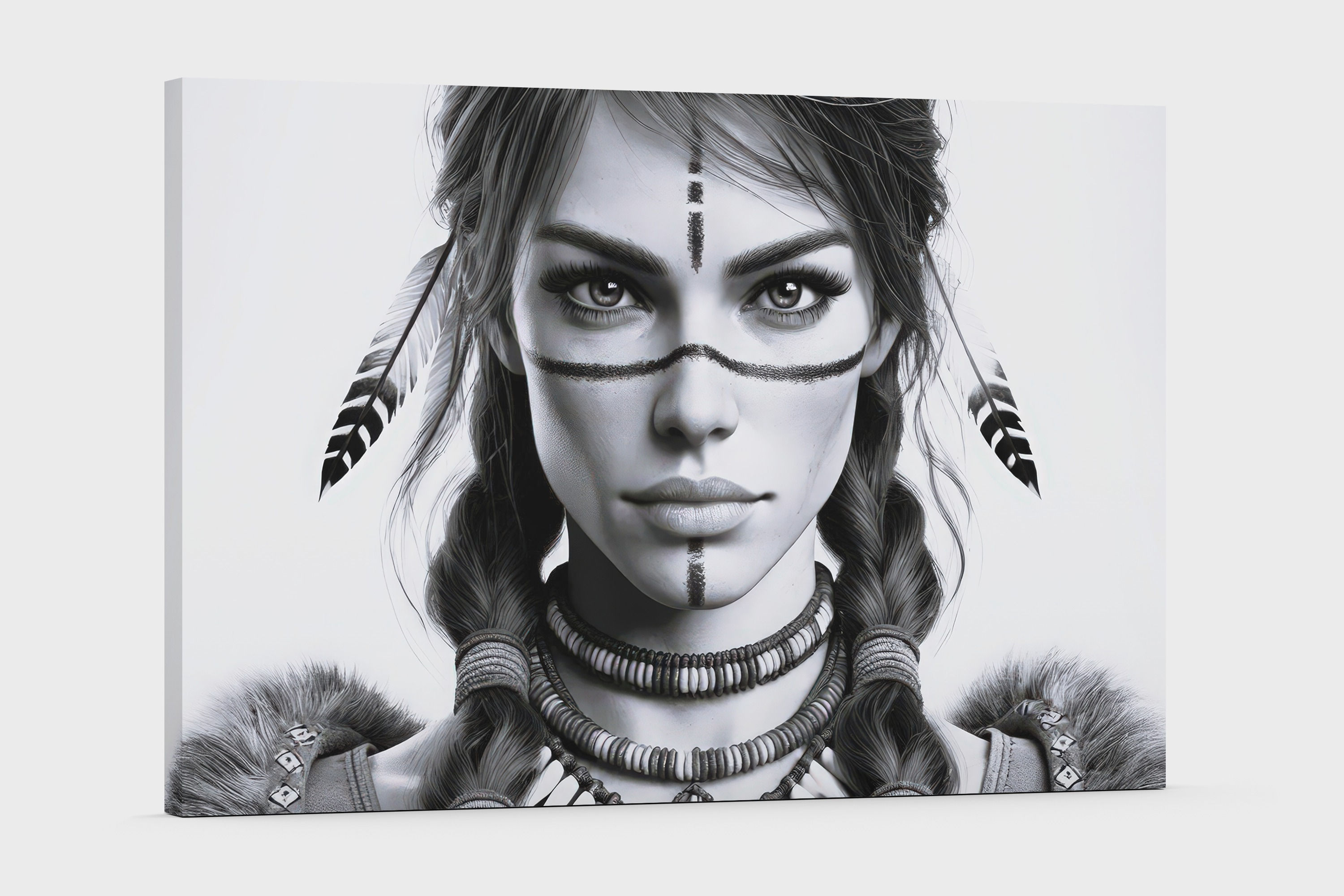 Black and white portrait of a strong woman with tribal face paint, braids, feathered accessories, and layered necklaces, symb