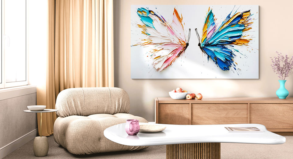 large abstract butterfly canvas wall art in colorful blue, orange and pink tones displayed above modern living room sofa, vibrant spring decor artwork symbolizing transformation, nature and seasonal renewal