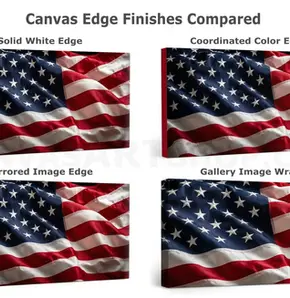 Four-panel comparison of American flag canvas wall art showing solid white, coordinated color, mirrored image and gallery image-wrap edge finishes on gallery-wrapped canvases.