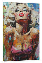 Bold abstract portrait of Marilyn Monroe with textured brushstrokes, vivid color splashes, and iconic red lips