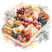 Watercolor kitchen canvas wall art depicting a wooden charcuterie board filled with cheese wedges and cubes, rolled cured meats, salami, crackers, grapes, strawberries, blueberries, olives, honey and preserves, with tomato-and-basil toast, sage-green foliage and soft peach and blush washes against a white background.