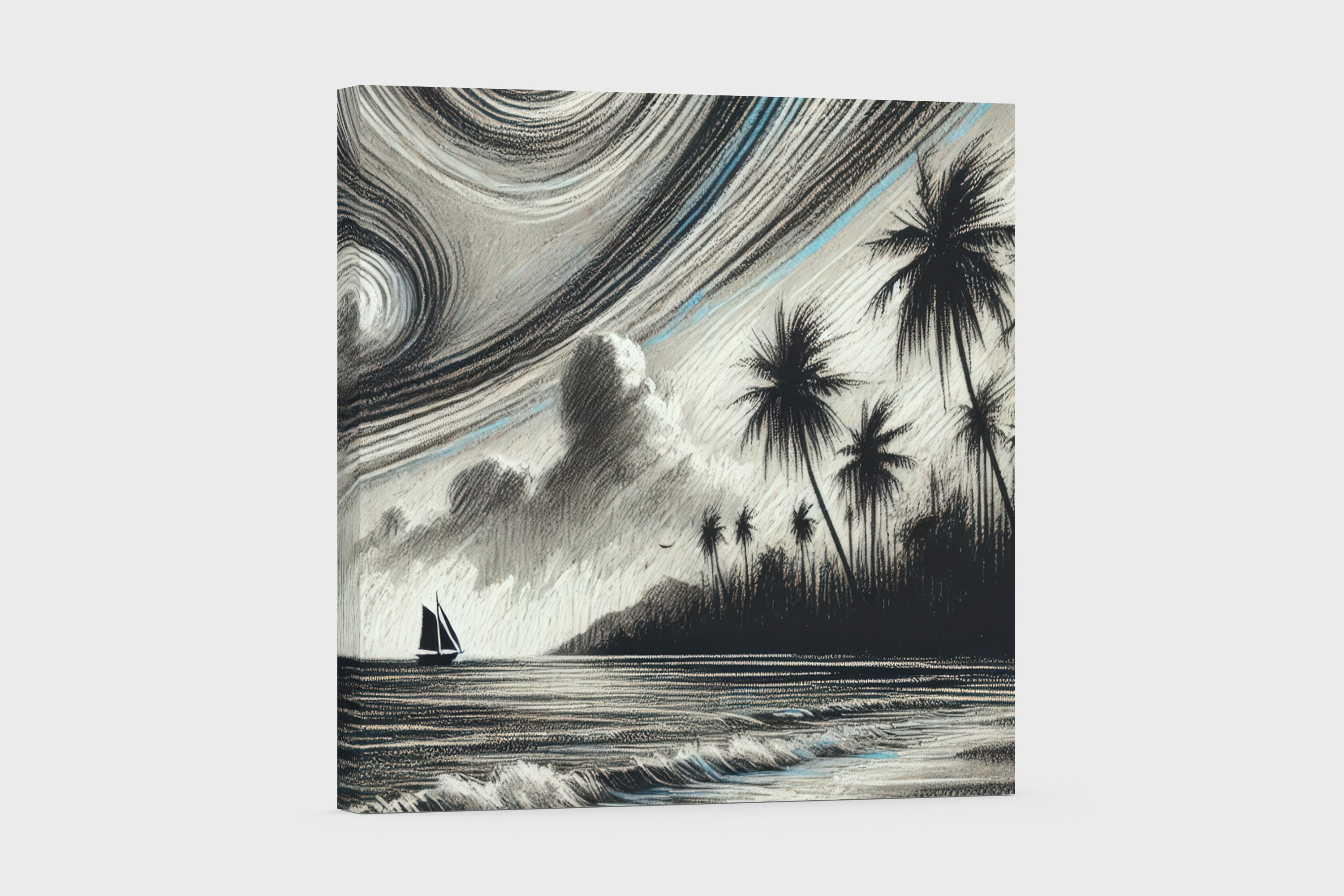 Black and White Charcoal Drawing Canvas Wall Art of Tropical Beach
