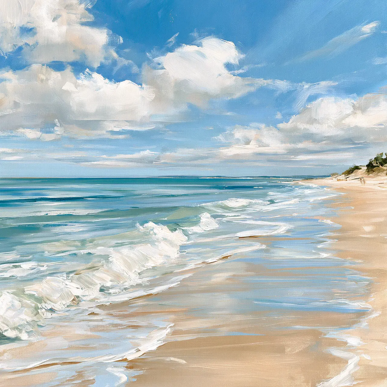 Quiet coastal landscape wall art showing turquoise water, a sandy shoreline and soft white clouds beneath a luminous blue sky.