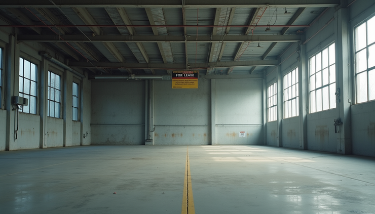 Eye-level view of closed factory with "For Lease" sign