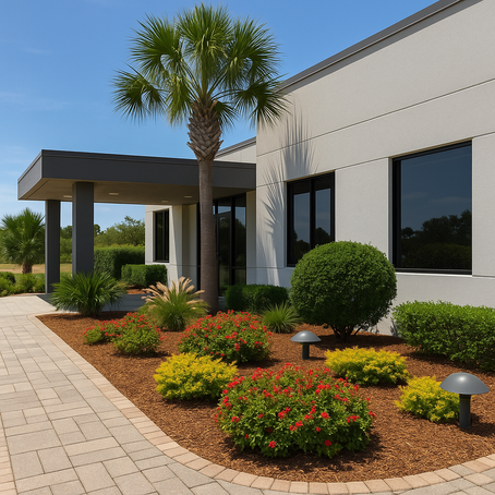 Commercial Landscape . A professionally landscaped commercial property in Sarasota County featuring a modern building entrance with palm trees, neatly trimmed shrubs, colorful flowering plants, and a paved walkway, showcasing sustainable Florida-friendly landscape design.
