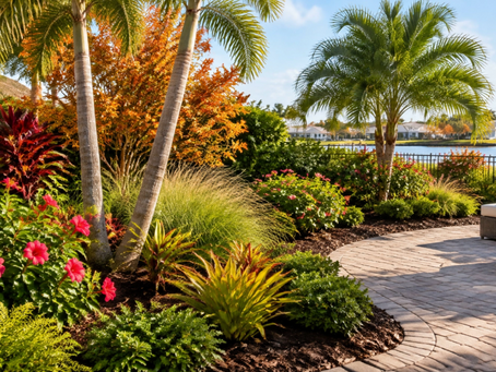 landscaping venice fl: lush Florida backyard with palms, layered planting beds, and a bright patio in Venice, Florida