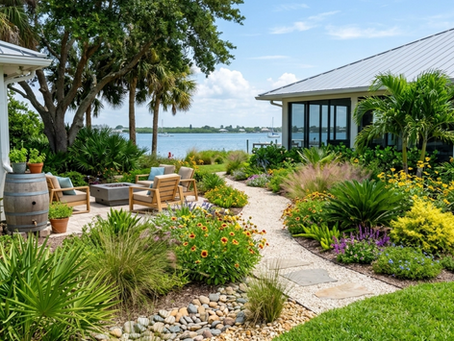 Modern sustainable landscape design in Venice, FL featuring native Florida plants, permeable pavers, and lush tropical greenery for Landscaping Venice FL 2026.